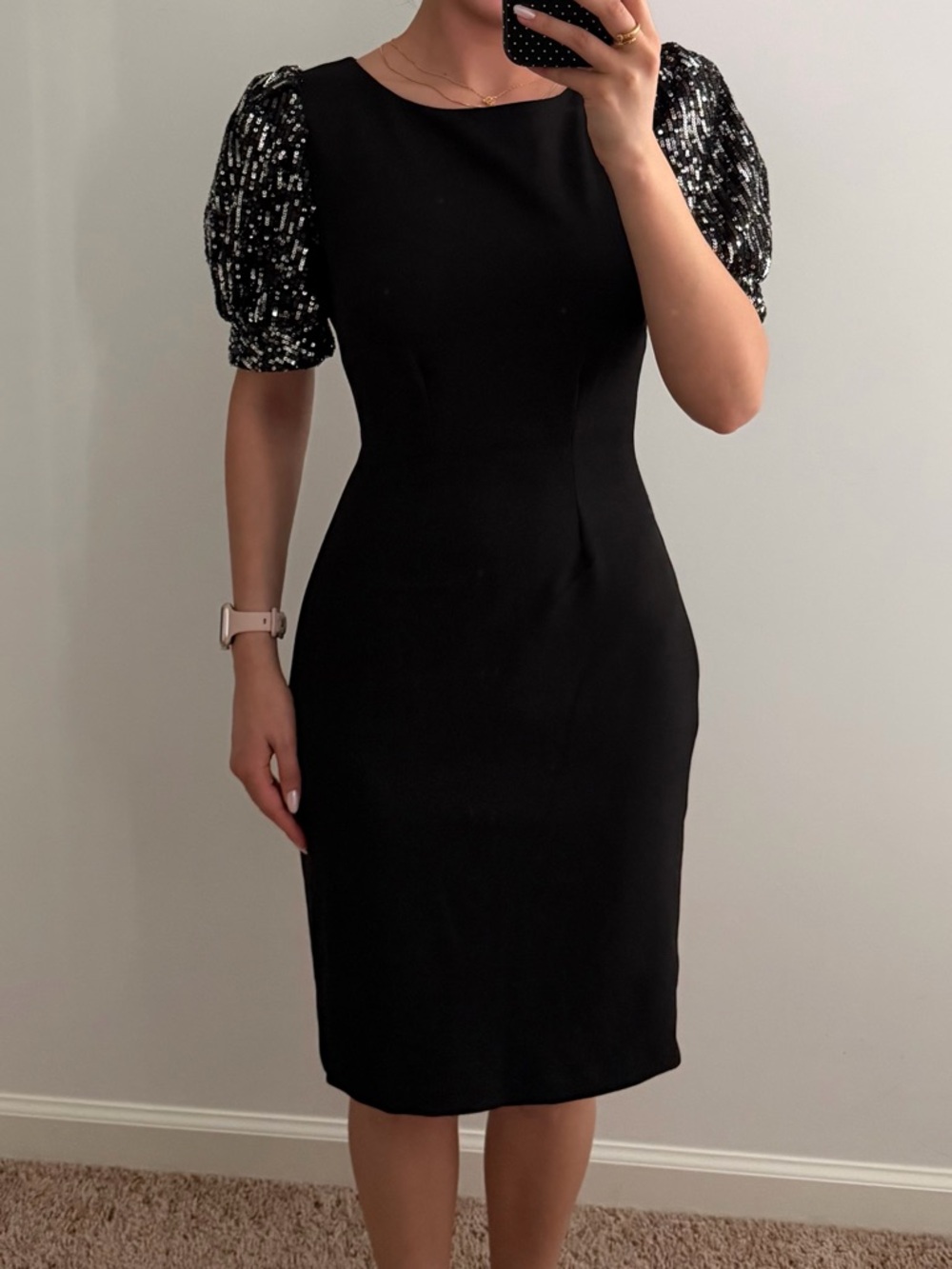 Calvin Klein Black Midi Dress with Sequin Puff Sleeves